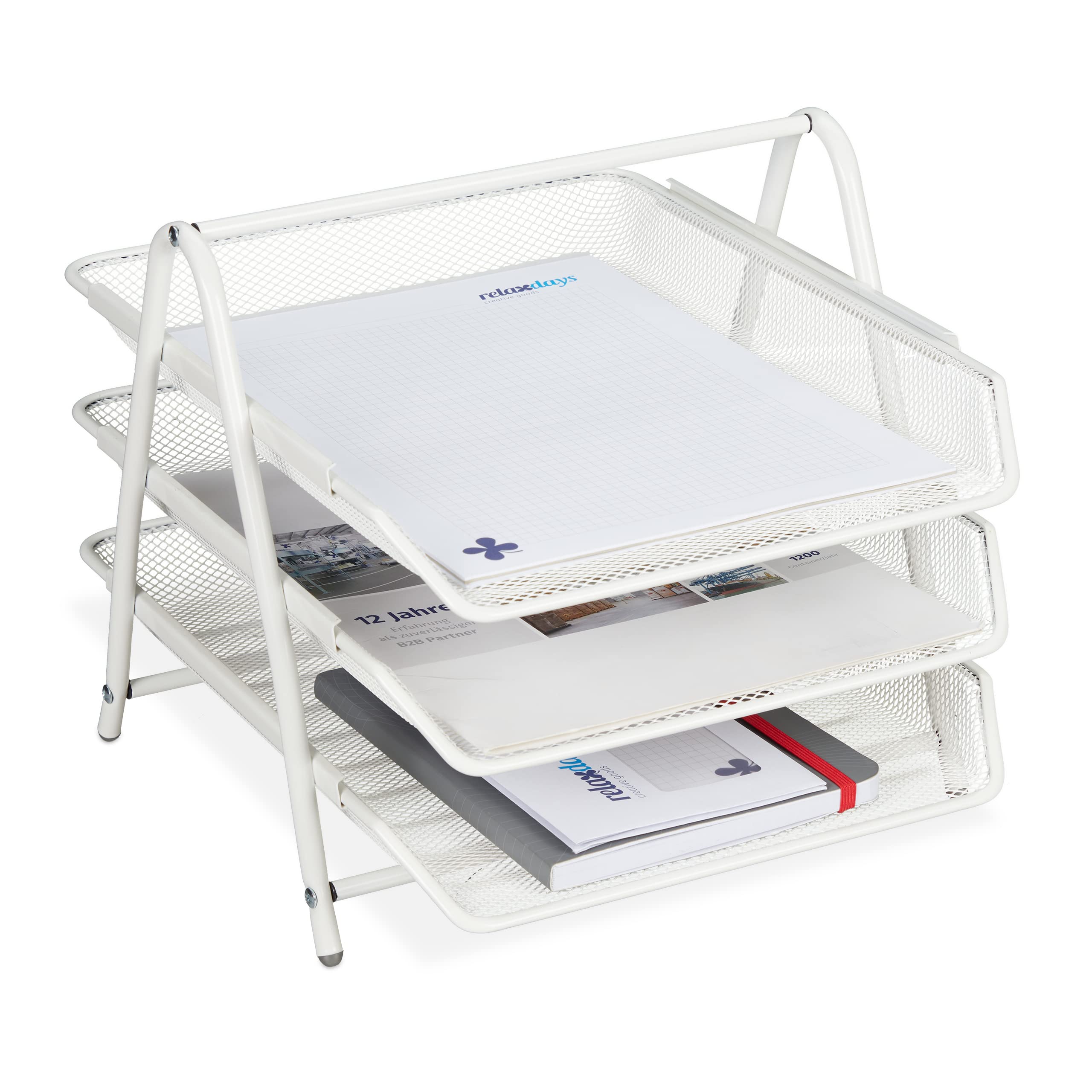 Relaxdays Document Tray Metal, 3 Shelves, Grid Design, Office, for A4, Letter Rack, HxWxD: 26.5 x 29.5 x 35.5 cm, White