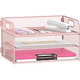 Daltack 3-Tier Paper Organizer with Handle, Mesh Desk Organizer Letter Tray, Paper Tray Organizer File Organizer for A4 File Folder, Pink