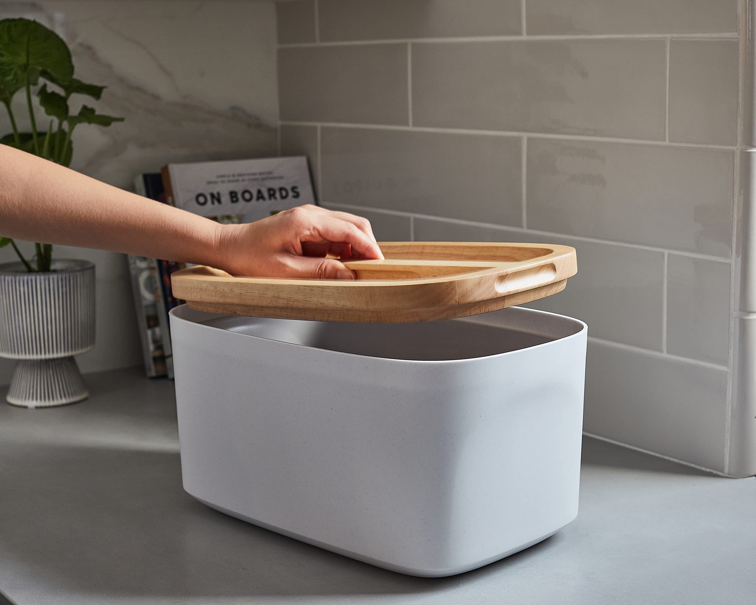 Sonder Los Angeles, Modern Bamboo Fiber and Recycled Plastic Bread Box (White) for Kitchen Countertop with Reversible Cutting Board Lid, Homemade Bread Bin Storage Container 14.25 x 9.25 x 7 in