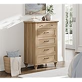 WAMPAT Small Dresser for Bedroom with 5 Drawers & Solid Wood Legs, Mid Century Modern Chest of Drawers Vertical Dresser Stora