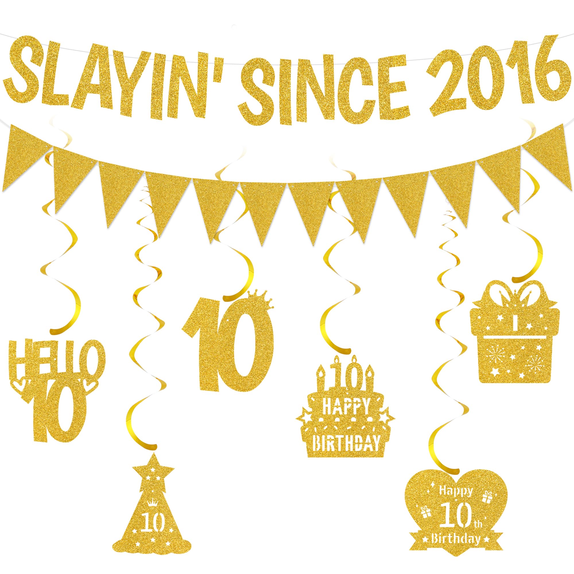 Slayin’ Since 2016 Banner Decorations - Glitter 10th Birthday Hanging Swirls Decorations and Pennant Garland, Gold Funny Birthday Party Supplies for Boys and Girls
