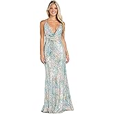 MORGAN AND CO. Juniors' Elegant Cowl Neck Sequin Gown - Criss-Cross Back Evening Cocktail Party Prom Homecoming