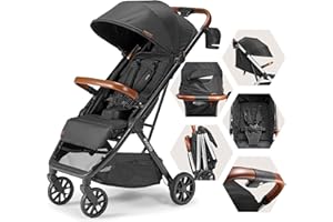 Bombi Bēbee V2 Lightweight Baby Stroller - Premium Vegan Leather, One-Hand Fold, Infinite Recline, Aircraft-Grade Aluminum Frame, XXL Canopy, and Ample Storage Umbrella Stroller - Hickory