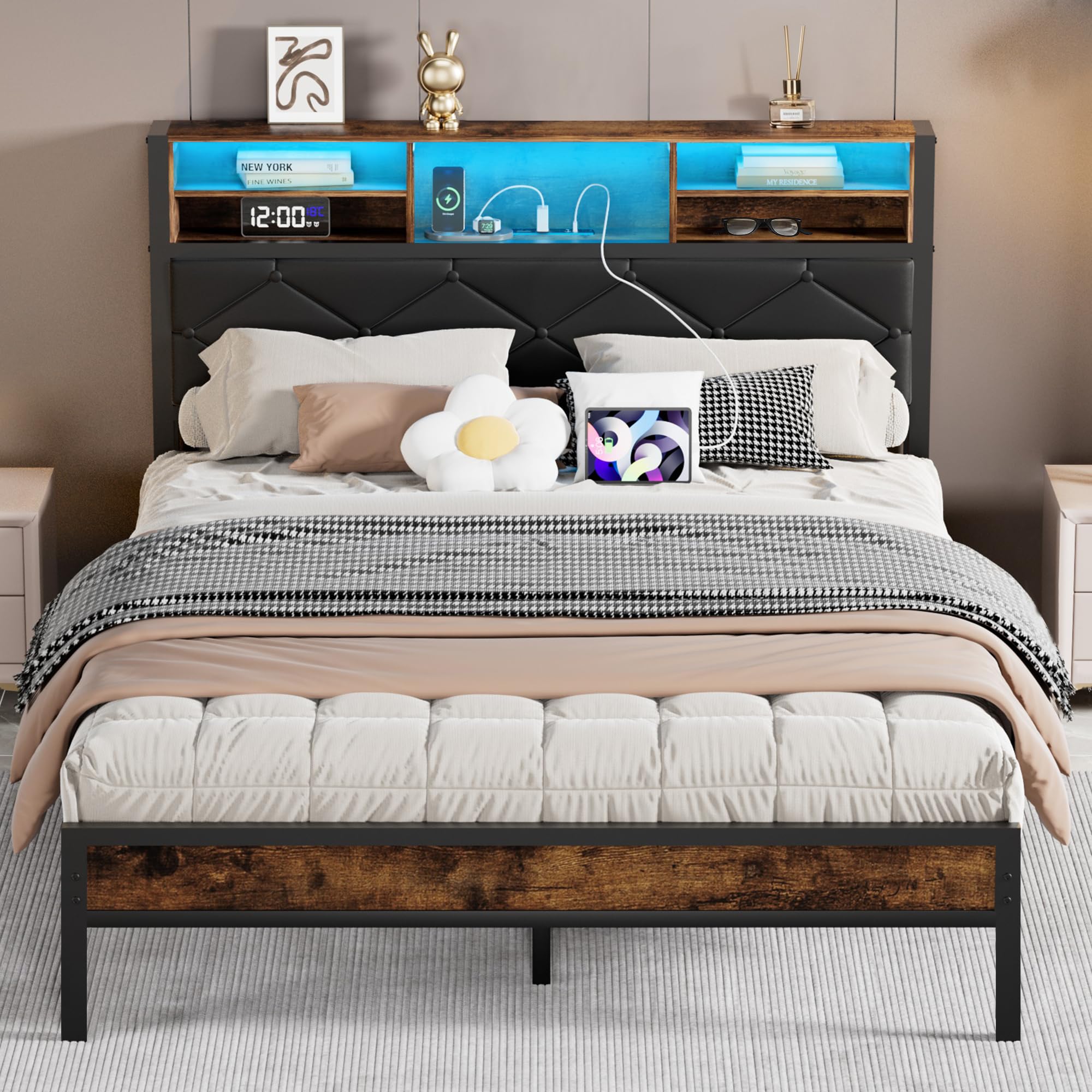 VECELO Queen Size Bed Frame with Headboard & Footboard, Metal Platform ...