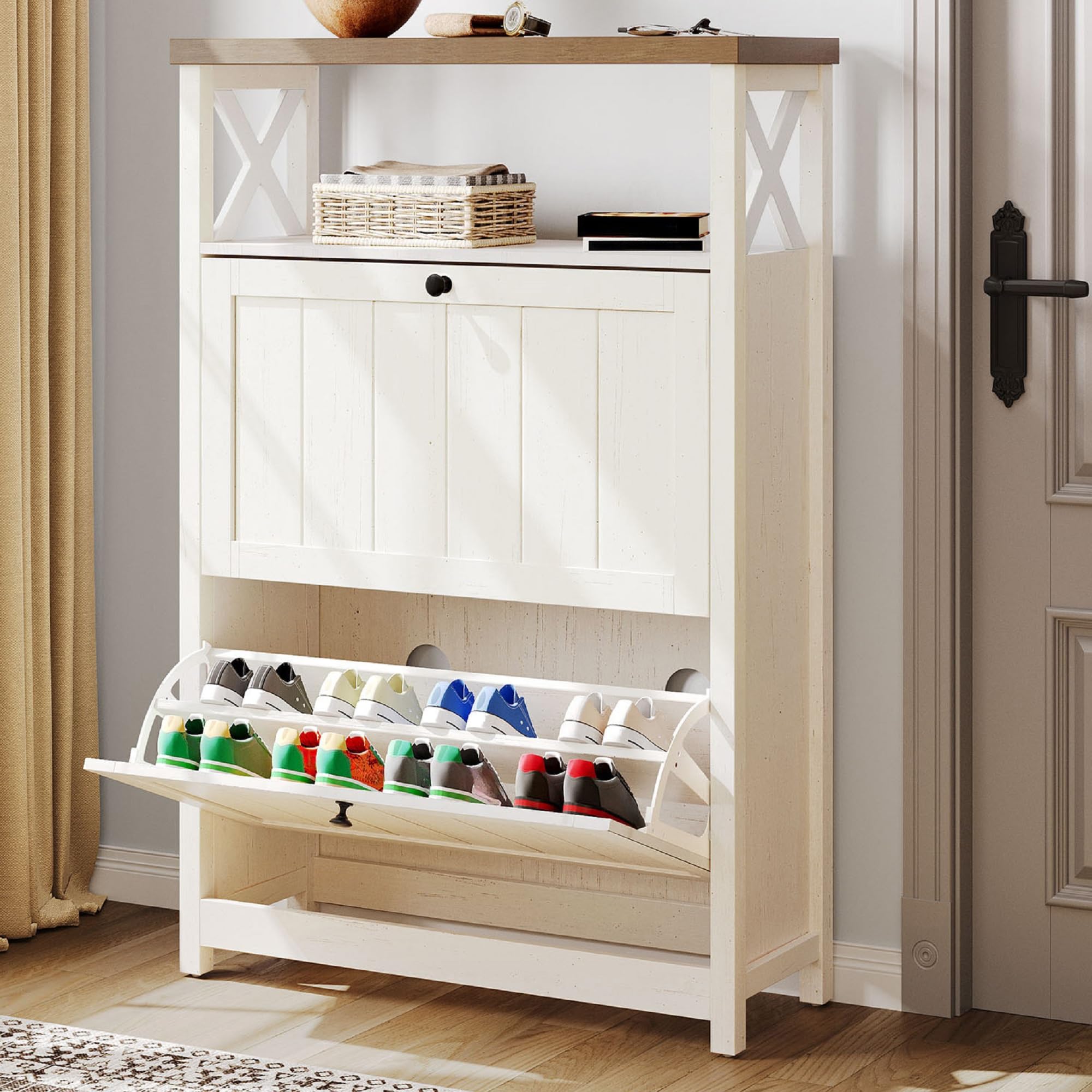 Photo 1 of PARTIAL SET*****YITAHOME Shoe Cabinet with 2 Flip Drawers, Entryway Shoe Storage Cabinet with Open Shelves, Free Standing Hidden Shoe Rack Storage Organizer for Entryway/Hallway/Closet, Beige