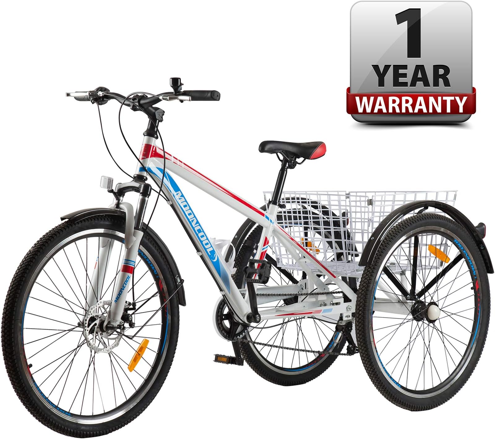 Slsy Adult Mountain Tricycle, Single / 7 Speed Three Wheel Bike, 24/26 Inch Adults Trikes for Seniors with Shopping Basket, Exercise Men's Women's Tricycles