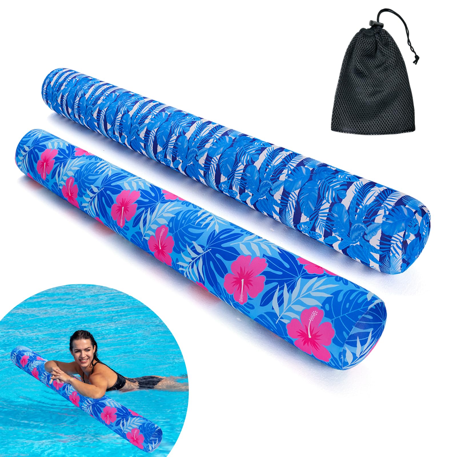 Inflatable Swimming Pool Noodle, 2 Pack Soft Fabric Quick Drying Covered Large Pool Floats Noodles, Premium Buoyancy Swim PoolFloats with Portable Storage Bag for Pool Party Toy（Tropical/Plants）