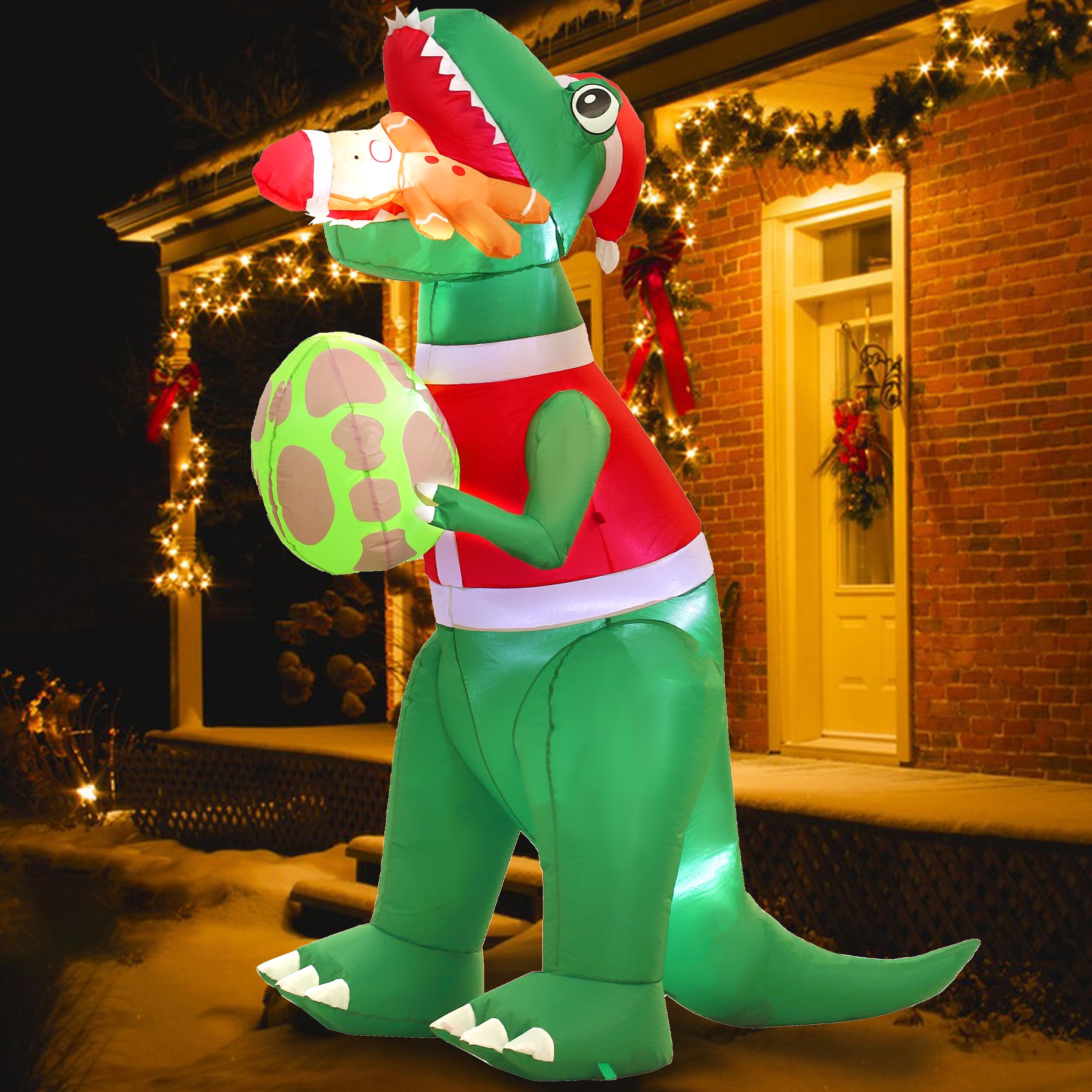 Photo 1 of 6 FT Dinosaur Christmas Inflatable, Christmas Inflatable Gingerbread Man Decorations, Xmas Blow up Holiday Decor for Indoor Outdoor, Yard, Garden, Lawn, Home