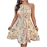 SOLY HUX Women's Plus Size Floral Print Halter Dress Sleeveless Belted Flowy Mini Dresses Beach Vacation Outfits