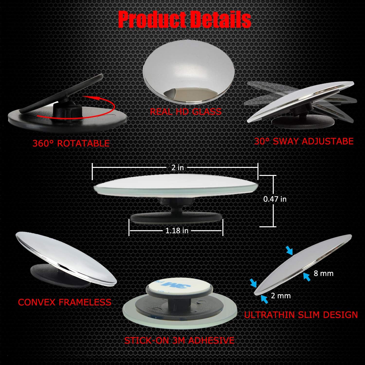 Ampper Blind Spot Mirror, 2" Round HD Glass Convex Rear View Mirror, Pack of 2: Automotive