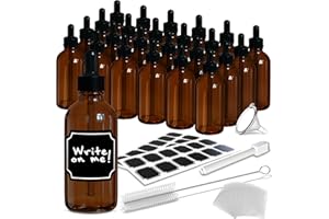 Nevlers 4 oz Amber Glass Dropper Bottle 24 Pack | Glass Tincture Bottles with Dropper for Oils, Medicine & Serums | Leakproof Amber Bottles Set w/Label Stickers, Marker, Funnel, Brush & Shrink Wrap