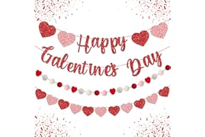 GERMISHUYS Galentines Day Decorations Garland, Glitter Happy Galentine's Day Banner Hearts Garland Pre Strung Pom Pom, Galentines Day Decorations for Valentines Anniversary Party Supplies