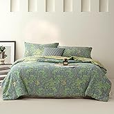 Purefair 100% Cotton Muslin Jacquard Comforter Set, Botanical Floral Plants Print, Soft Lightweight Reversible 3 Piece Bedding Sets for All Season, Green Yellow, Full/Queen(90"x90")