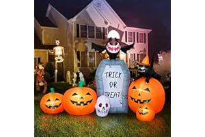 YOUBEMAGIC 7FT Long Halloween Inflatable Pumpkin Patch with Tombstone & Black Cat & Bat, Blow up Halloween Inflatable with Build-in LED Lights Outdoor Decorations Large Party Yard Decoration