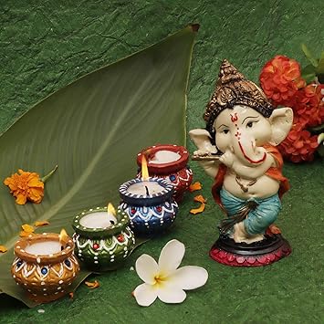 Perpetual Diya for Diwali Decoration Handmade Earthen Clay Terracotta Decorative Diya 4 Pcs Matki Diya with Lord Ganesha (Flute Ganesha) Tealight Candle Festival Diya Oil Lamps Gift Pack