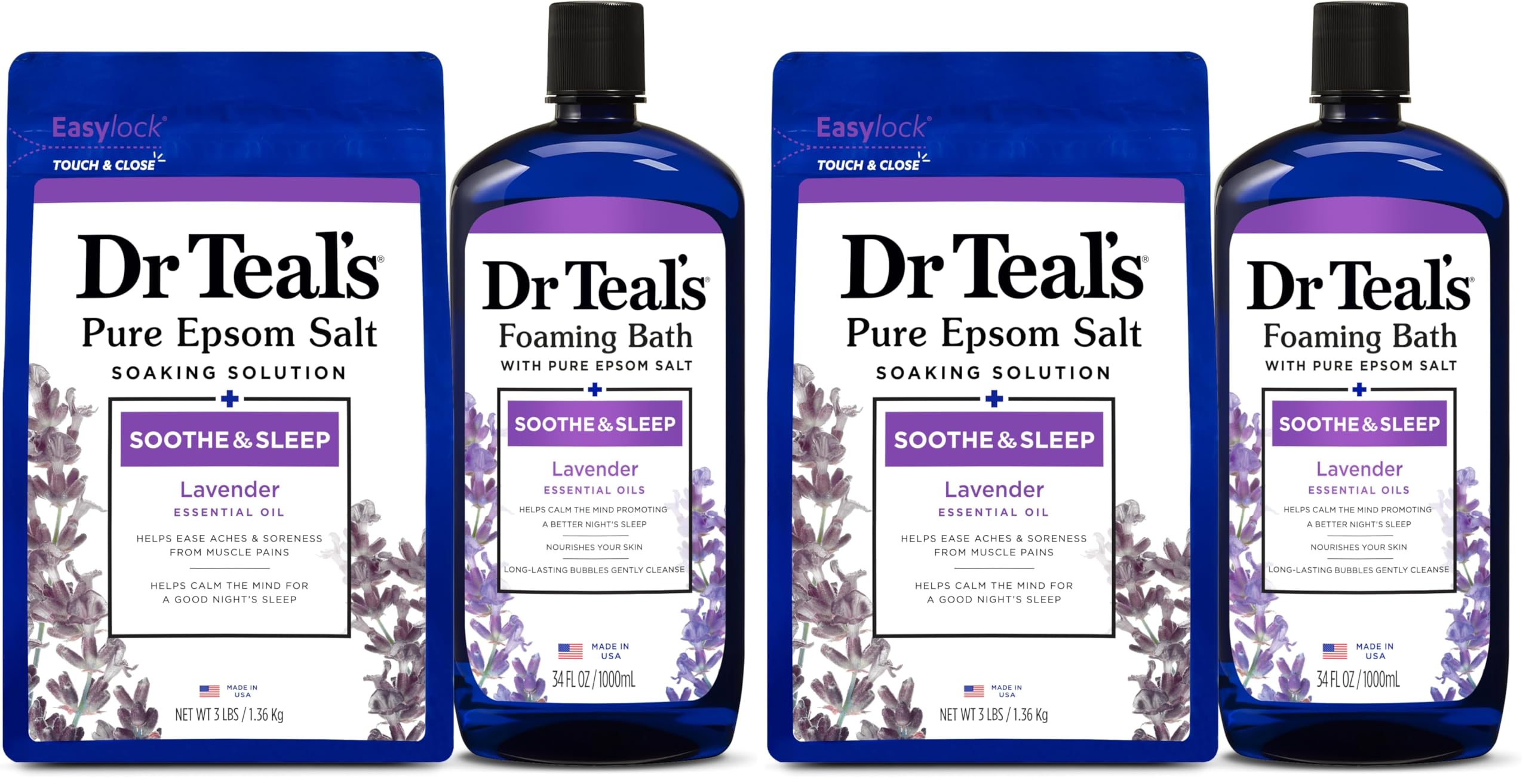 Dr. Teal's Epsom Salt Soaking Solution and Foaming Bath with Pure Epsom Salt Combo Pack, Lavender (Pack of 2) Image Dr. Teal's Epsom Salt Soaking Solution and Foaming Bath with Pure Epsom Salt Combo Pack, Lavender (Pack of 2) Image
