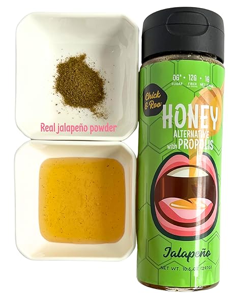 CHICK & ROO ZERO SUGAR HONEY SUBSTITUTE – CLASSIC FLAVOR: NATURALLY ENRICHED WITH HONEY & PROPOLIS, SUGAR FREE, PREBIOTIC FIBER, LOW CARB, NON-GMO, GLUTEN-FREE, (1 BOTTLE, 10.5 FL OZ) (JALAPEÑO)