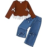 Kucnuzki Toddler Kids Girl Clothes Long Sleeve Shirt Tops Baggy Jeans Cute Pants Set Baby Girl Outfit 2 Piece Clothing
