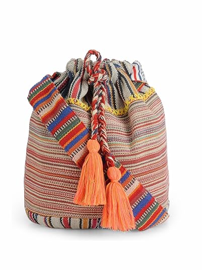 The House of tara Womens Cotton Handloom Fabric Crossbody Shoulder Bucket Bag (Multicolour, HTB 011)