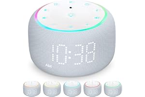 MOJIKOO White Noise Machine Alarm Clock for Bedrooms - 5W Stereo Bluetooth Speaker - 24 Soothing Sounds - 9 Night Lights - Auto-Dimmable Digital Alarm Clock Sound Machine for Sleeping