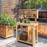 TANGZON Wooden Potting Table with Compartments & Shelves, 80x42x136cm view 8