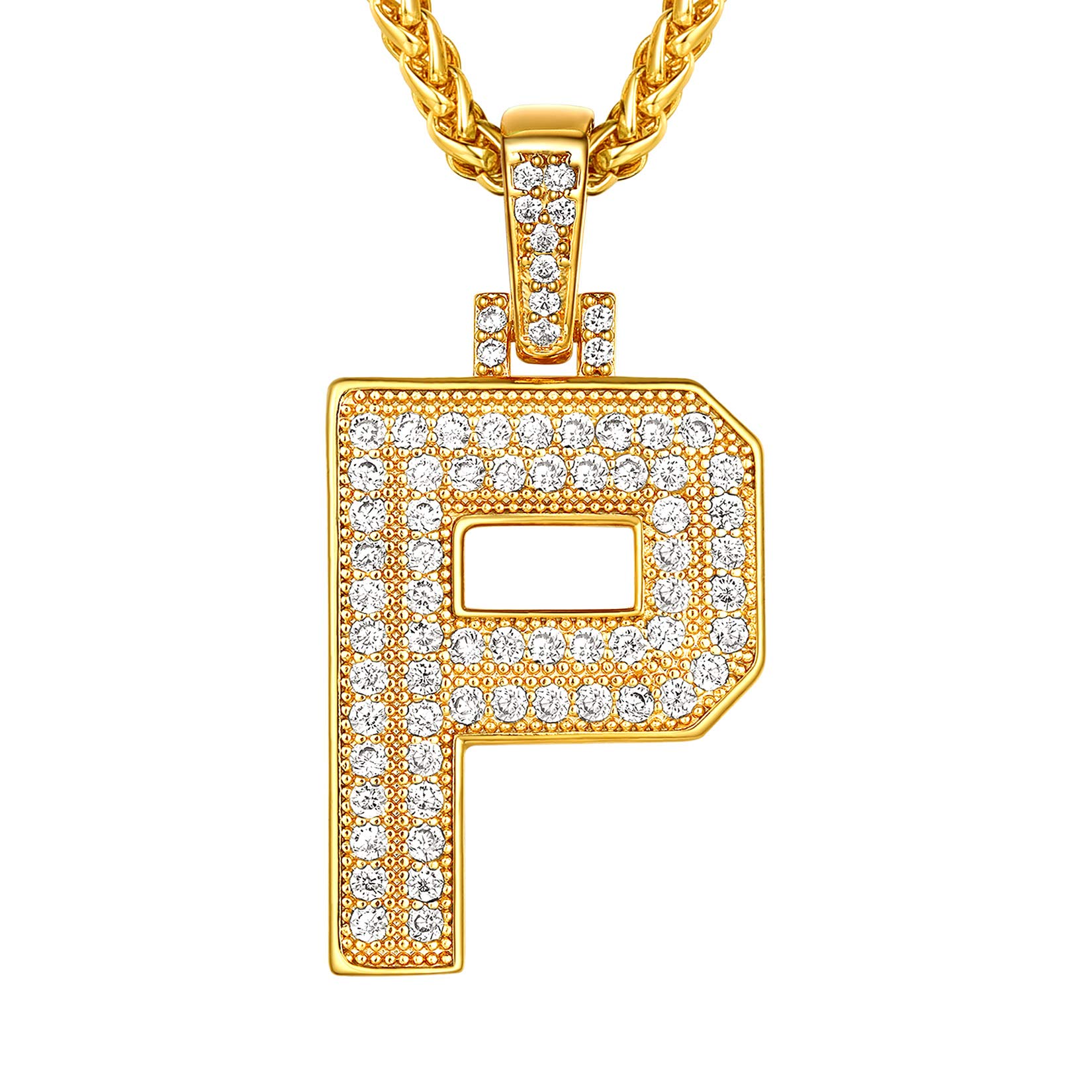 Suplight Necklace Letter P, Bling Hip Hop Jewelry, Gold Plated Micro Pave Cubic Zirconia A-Z Alphabet Initial Pendant Necklace for Men Boys
