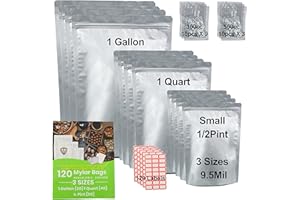 SD QUEEN 120 PCS Mylar Bags for Food Storage with Oxygen Absorbers - 500cc & 300cc Oxygen Absorbers, 9.5 Mil 3 Sizes (1 Gallon,1 Quart, 1/2 Pint) Resealable Bags