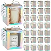 ReliThick 50 Set Candle Gift Box Transparent Gift Packaging for 4-10 oz Candles 50 Paper Thank You Tag for Wedding Birthday Baby Shower Party Favor, 3.35x3.35x3.94 in(Iridescent,Square)