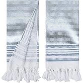 Turkish Cotton Hand Towels Set of 2 – Decorative Kitchen & Bathroom Towels with Woven Front and Terry Backing (Elegant Lines Navy)