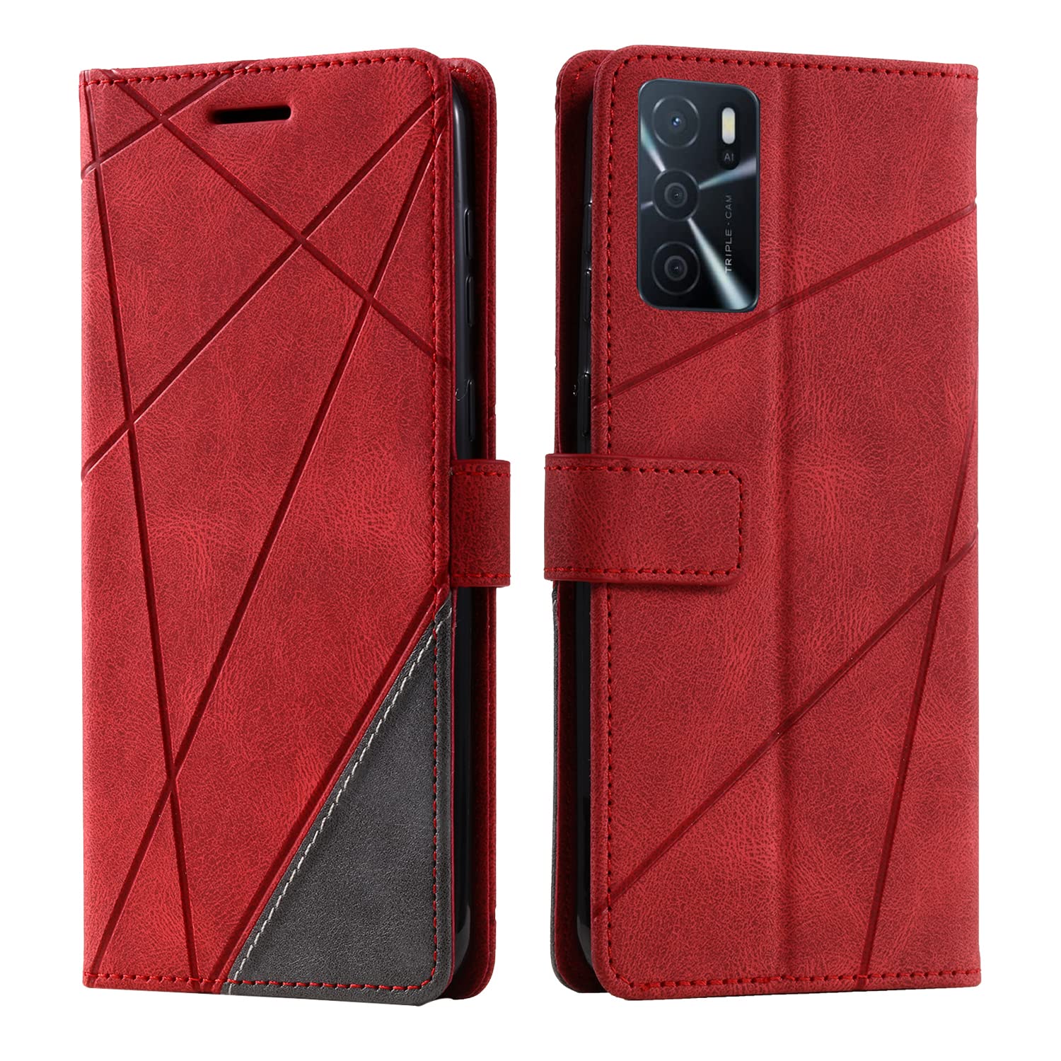 Huzhide Oppo A16S/A16/A54S Case, Shockproof Premium Leather Stand Wallet Phone Case with Card Slot, Photo Slot, Magnetic Clasp, Red