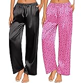 Ekouaer 2 Pack Womens Satin Pajama Pants Silk Sleep Lounge Pants Loose Pj Bottom with Pockets