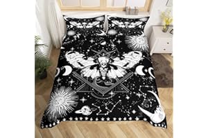 MANFEI Death Moth Bedding Set Queen Size Galaxy Sun and Moon Duvet Cover Set Boho Gothic Skull Comforter Cover 3pcs for Kids Boys Girls Room Decor, Black and White Quilt Cover with 2 Pillowcases,No Comforter