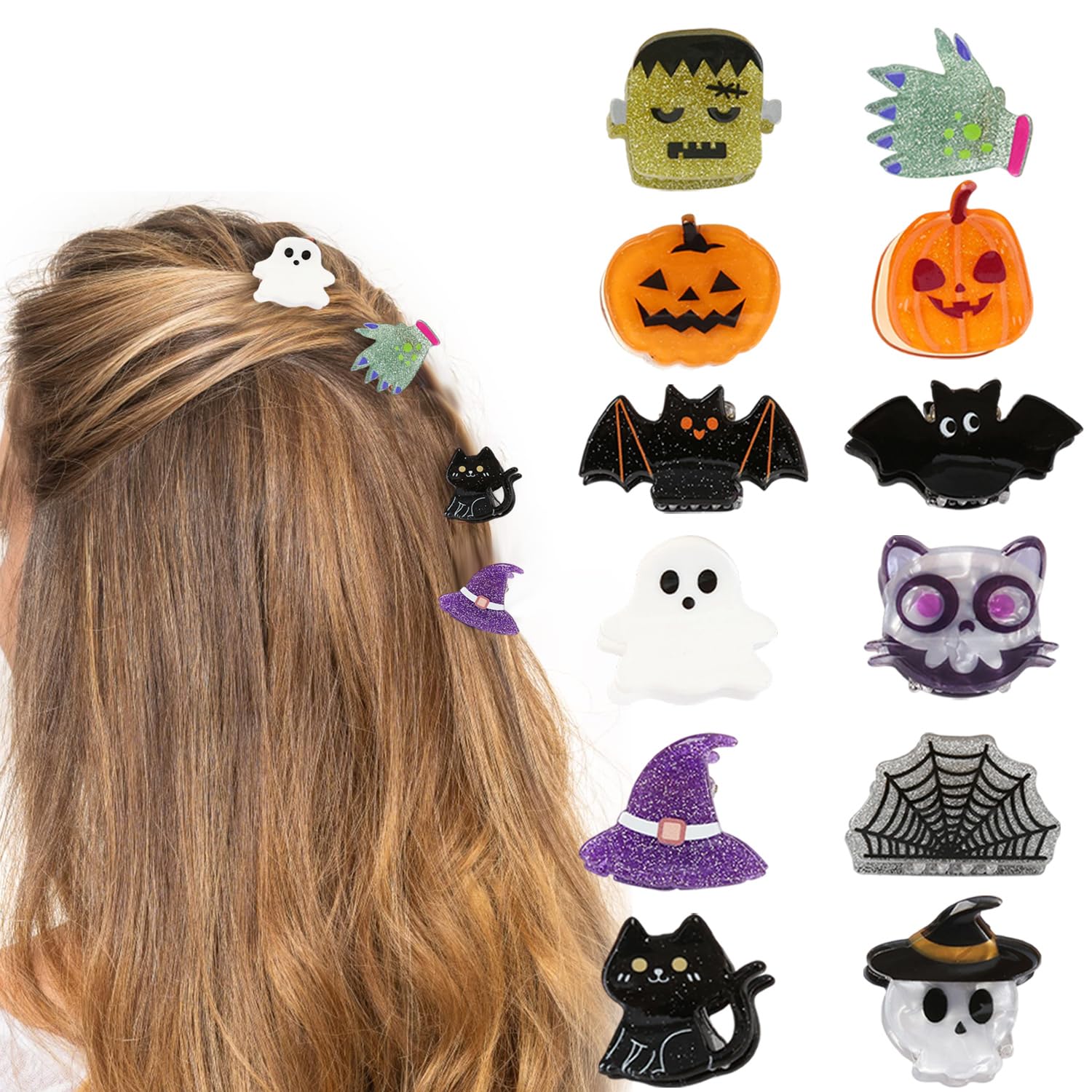 Photo 1 of 12 Pcs Halloween Hair Claw Clips,Cute Pumpkin?Ghost?Bat?Spiderweb and Hat Designs Halloween Hair Claws Strong Hold Jaw Clip Mini Hair Clips for Women Girls Hair Accessories