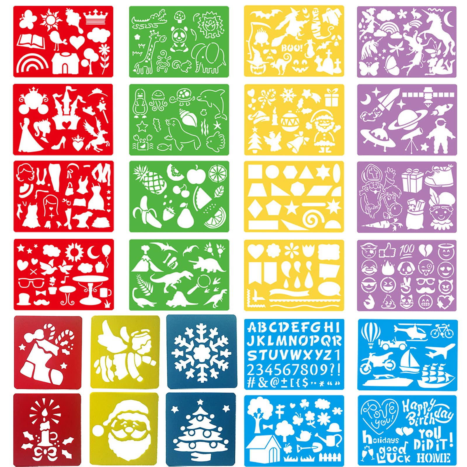 Stencils for Kids, 26pcs Plastic Drawing Stencils Set with 400+ Images, Variety of Shapes and Subjects