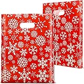 FloraSea 100 Pack Christmas Bags Bulk, 12 x 15 Inches Snowflakes Merchandise Bags Plastic Gift Bags with Handles Reusable Retail Shopping Goodie Bags for Christmas Party Favor Supplies and Business