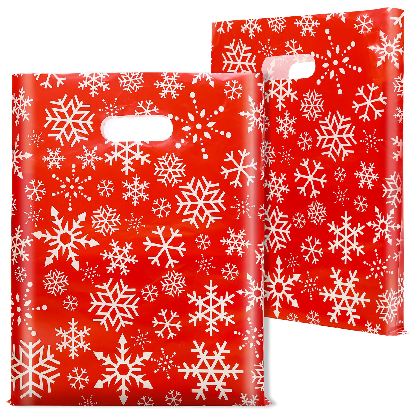 Photo 1 of 100 Pack Christmas Bags Bulk, 12 x 15 Inches Snowflakes Merchandise Bags Plastic Gift Bags with Handles Reusable Retail Shopping Goodie Bags for Christmas Party Favor Supplies and Business