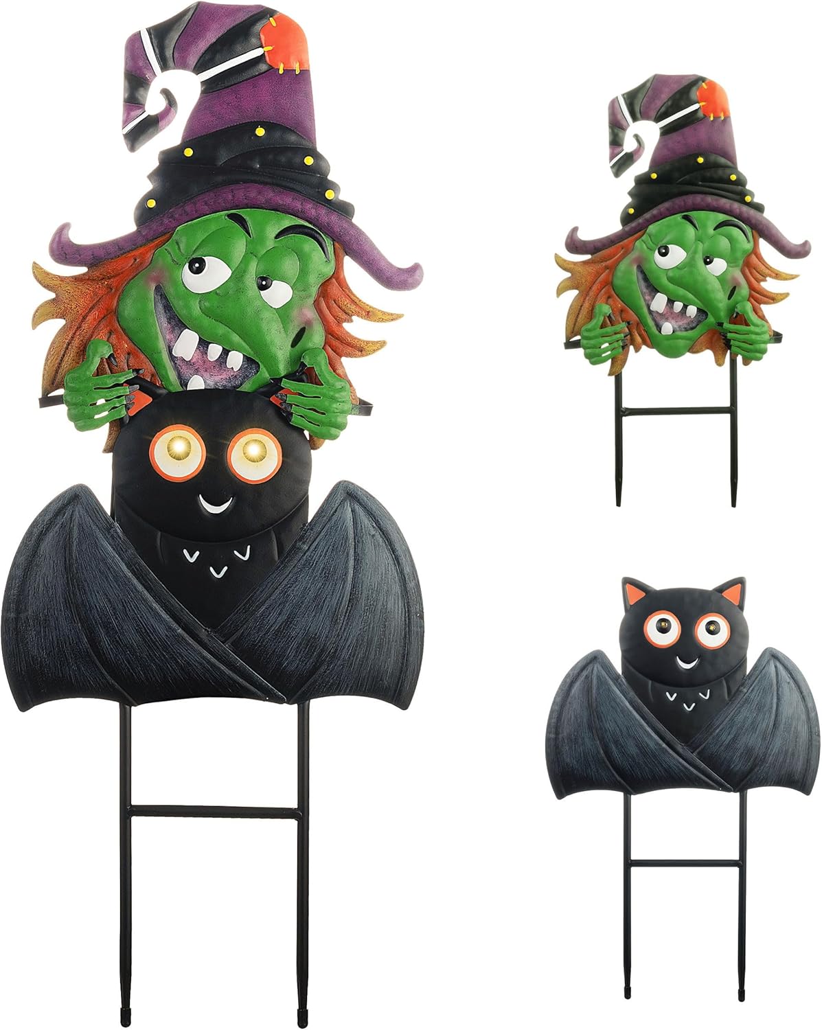 Decorative Garden Stakes - Valery Madelyn Pre-Lit Halloween Decorations Outdoor, Solar Halloween Yard Stake with 2 Stacked Scary Witch and Bat, Metal Yard Art Lawn Ornaments for Party Gift Porch Patio Garden Decor 22 Inches