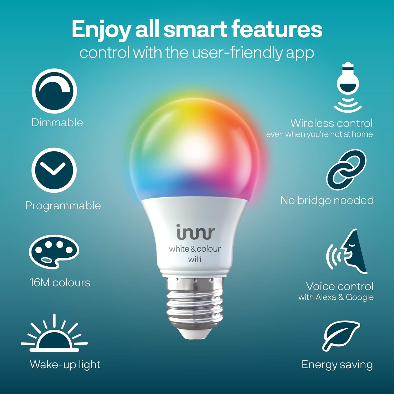 Innr WiFi Smart Bulb E27, White & Colour, Works with Alexa & Hey Google (No Hub Required), Dimmable, 16 Million Colours - Image 4