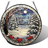 DASTOLL Stained Glass Window Hanging Christmas Tree Winter Snow Night Scenery 7.8" - Suncatcher Door Garden Kitchen Sun Catcher Home Decor Birthday for Mom Men Woman Friend