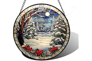 DASTOLL Stained Glass Window Hanging Christmas Tree Winter Snow Night Scenery 6.3" - Suncatcher Door Garden Kitchen Sun Catcher Home Decor Birthday for Mom Men Woman Friend