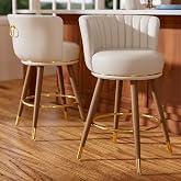 SeekFancy 26 Inch White Leather Swivel Counter Bar Stools Set of 2 | Upholstered pleated backs, wood legs, gold footrests, 300lbs capacity swivel chairs for home kitchen islands