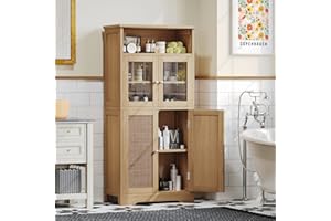 Irontar 50.4''H Rattan Bathroom Cabinet, Freestanding Storage Cabinet with Open Storage and Rattan Decorated Doors, Kitchen Pantry Cabinet, Bathroom Floor Cabinet, Natural CWG007M