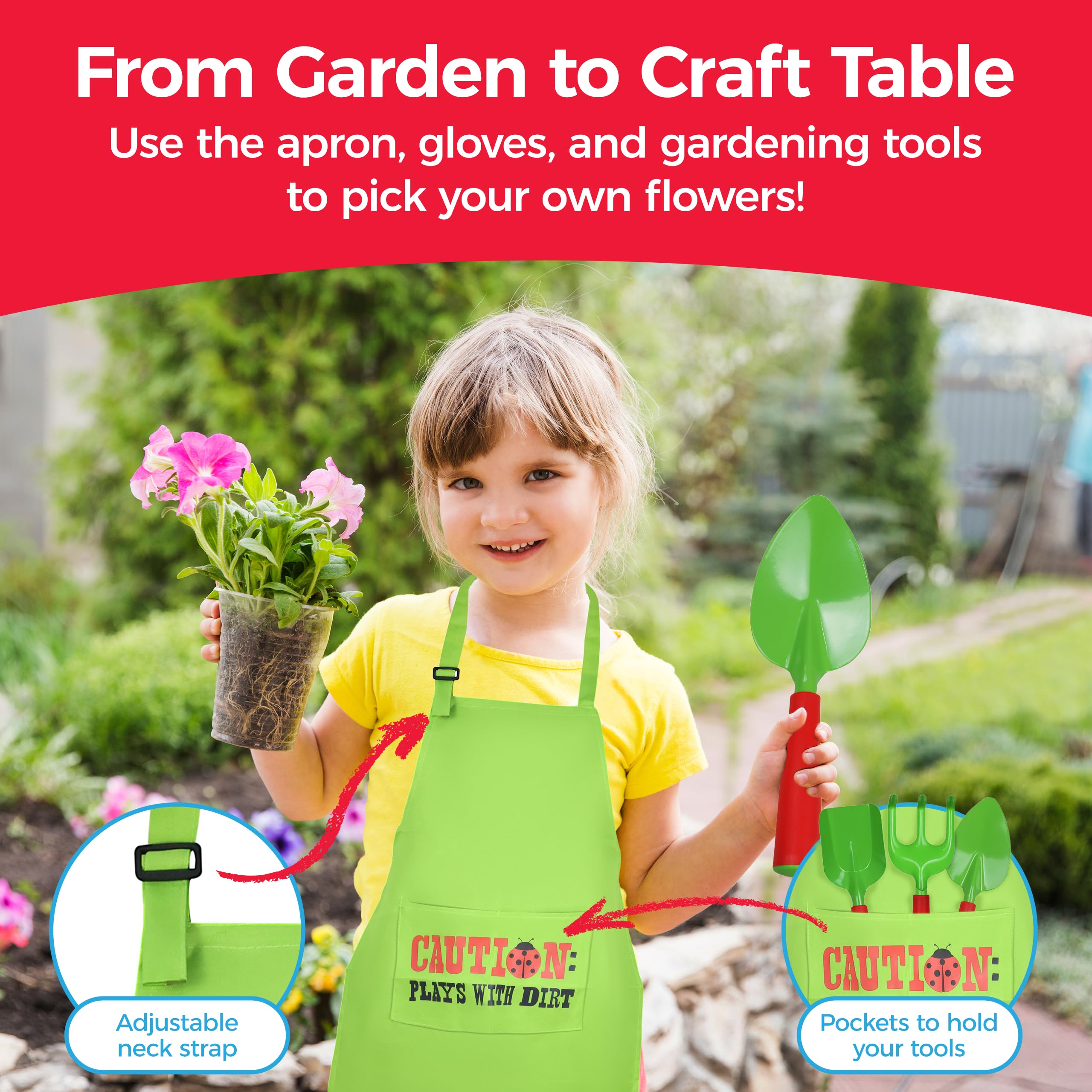 Gardening Pretend Play Set & Flower Press Kit - Kids Gardening Set with Apron, Pair of Gloves, 3 Garden Tools, Wooden Flower & Leaf Press - Safe Outdoor Tools for Kids & Teens