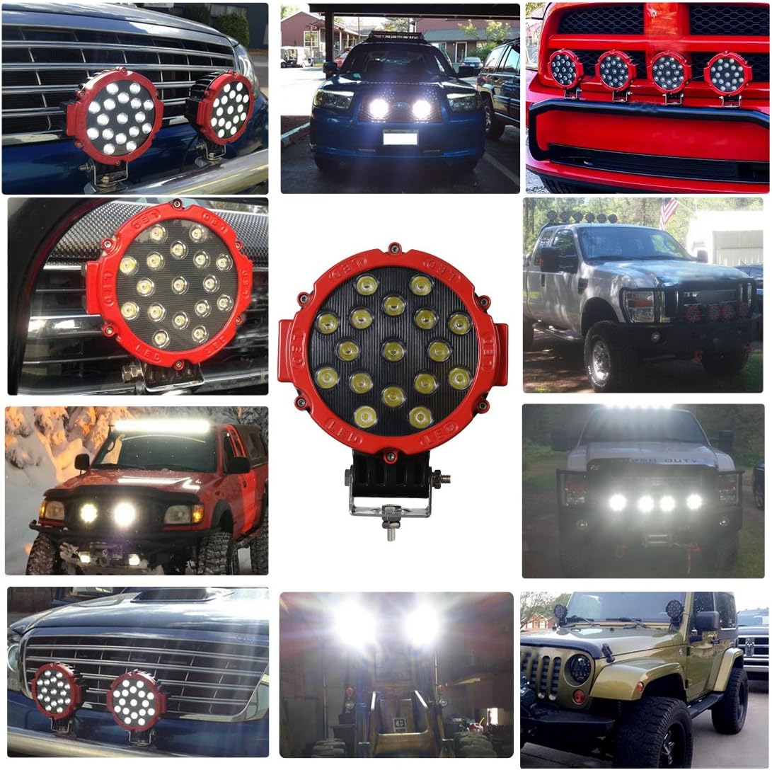 2PACK 7" LED Offroad Pod Lights Bar 51W with Mounting Bracket, Red Round Spot Bumper Driving Lamp Headlight Fog Light for Offroader, Truck, Car, ATV, SUV, Jeep, Construction, Camping, Hunters: Automotive