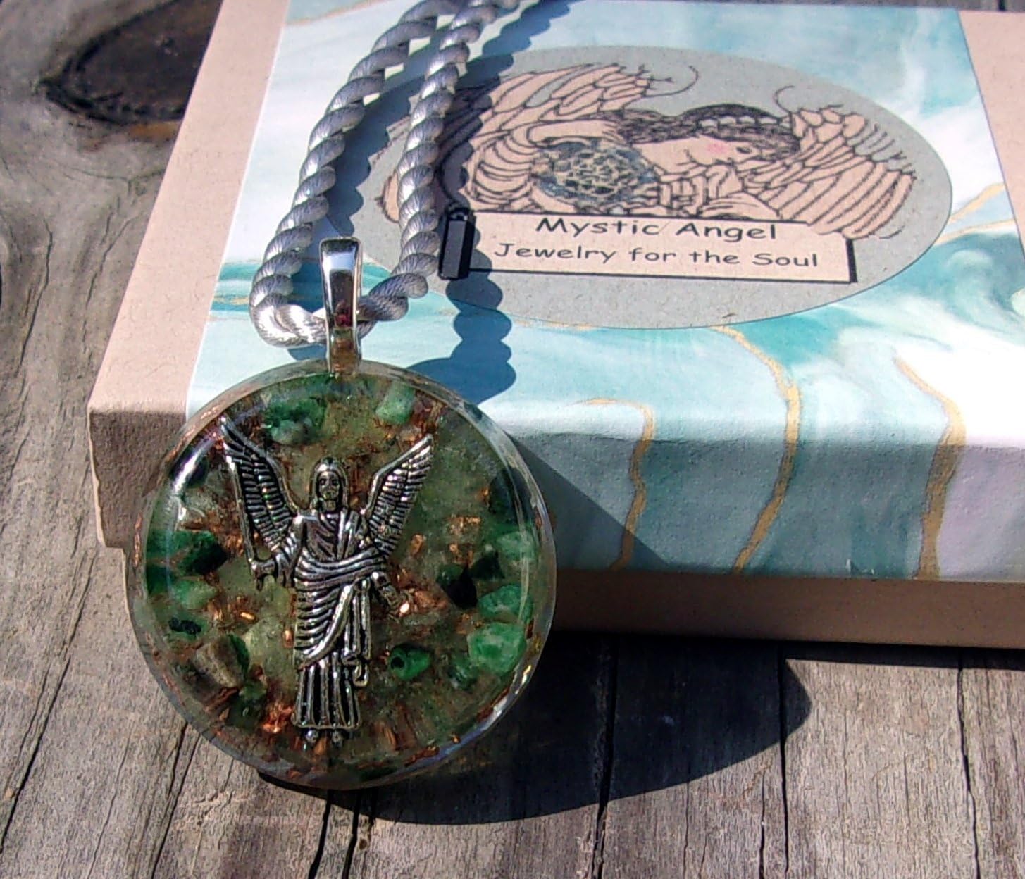 Archangel Raphael Angel of Healing Pendant with Genuine Moldavite & Emerald