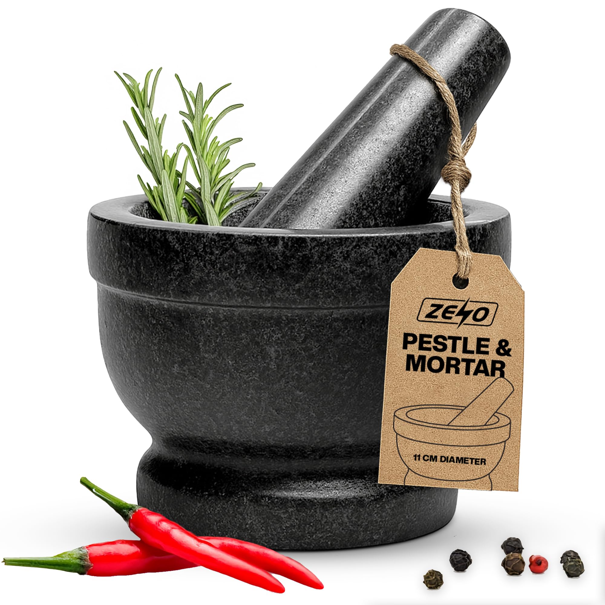 ZENO Pestle and Mortar Set | 11cm Diameter Large Capacity Hard Natural Granite Mortar For Smashing | Grinding and Crushing | Premium Solid Granite Stone (11cm x 8cm, Single Pestle)