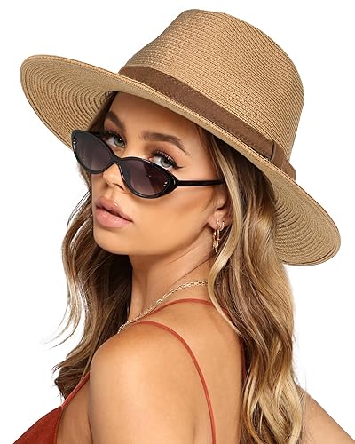 FURTALK Womens Mens Wide Brim Straw Panama Hat Fedora Summer Beach