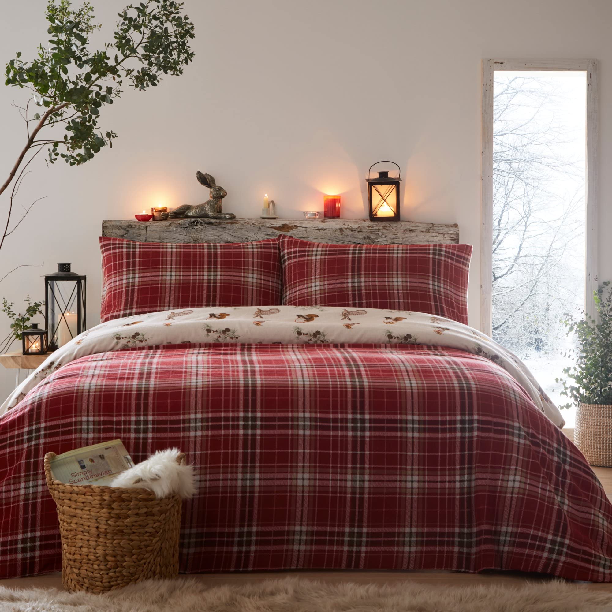 Dreams & Drapes - Red Flannelette & Woodland Animals Duvet Cover - Single Bedding Size (140 x 200cm) - Soft 100% Brushed Cotton - Reversible Design - Fox, Rabbit & Bird Duvet Cover in Natural White