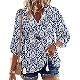 Rapbin Women Summer Boho Tops 3/4 Sleeve Pleated Blouses Casual V Neck Tie Front Spring Tunic Tops