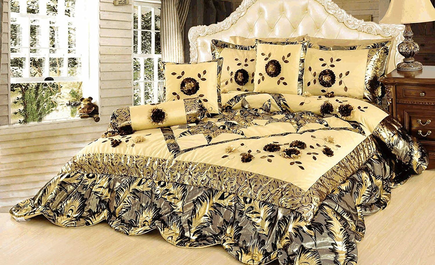 Tache Home Fashion Floral Patchwork Comforter Bedding Set, Gold/Brown/Black, Twin